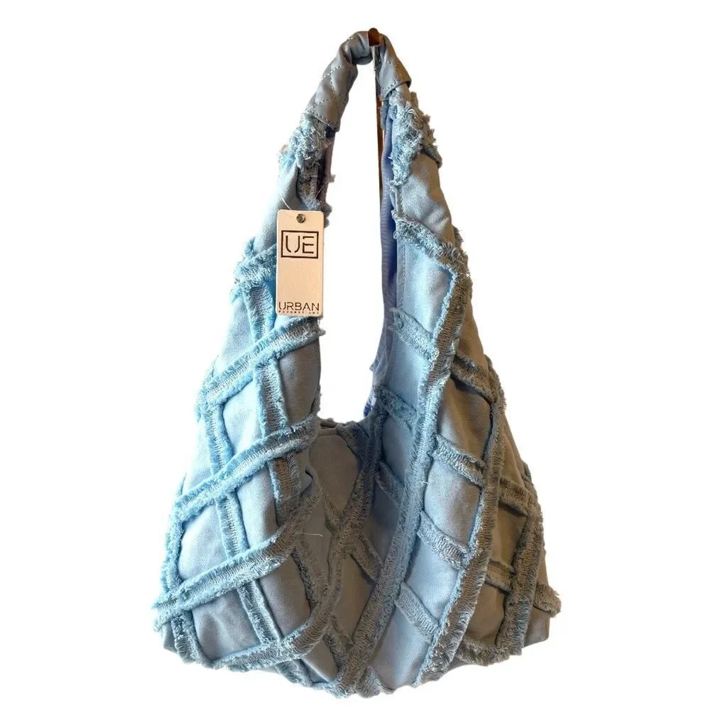 NWT Urban Expressions Barbuda Cotton Fringe light blue Hobo Bag